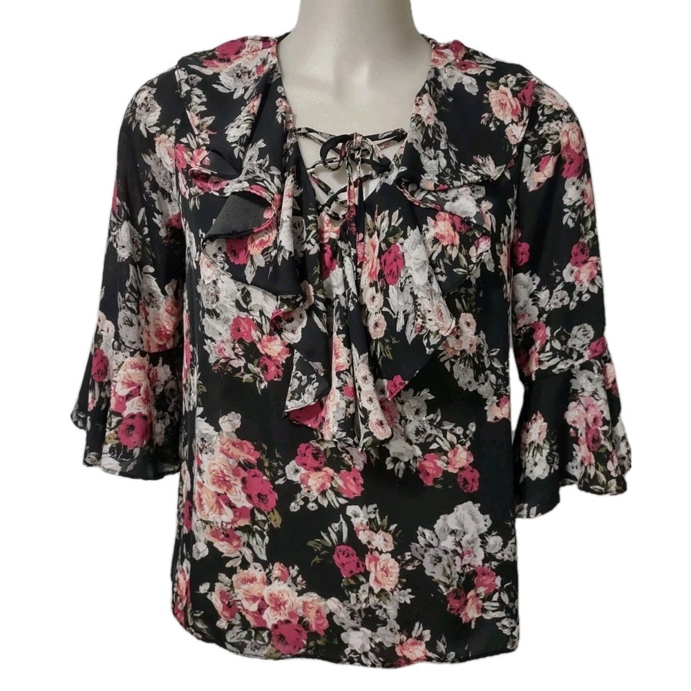 MY MICHELLE Blouse Women's XL Fairy Core Floral Lace Up Ruffle & Sleeves V-Neck